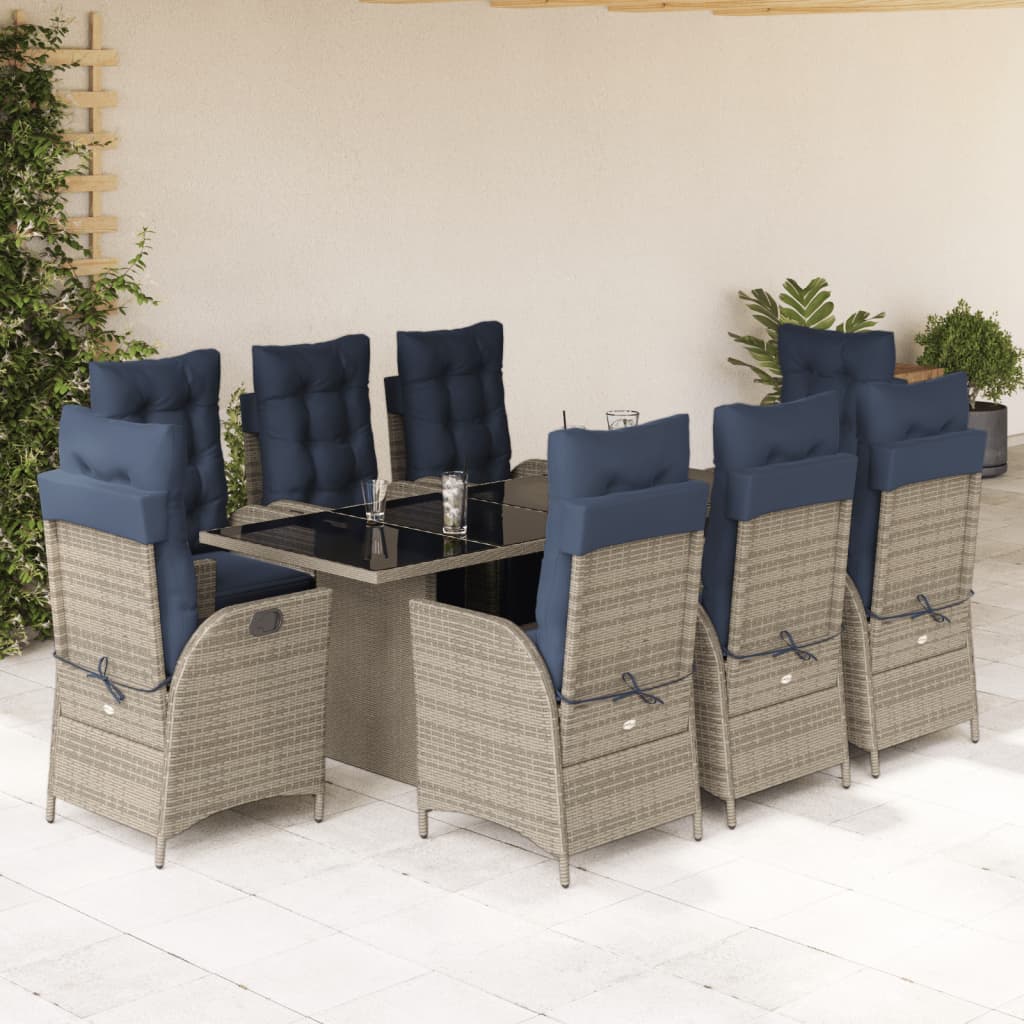9 Piece Garden Dining Set with Cushions Grey Poly Rattan (US only)