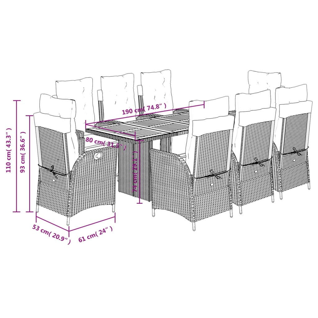 9 Piece Garden Dining Set with Cushions Grey Poly Rattan (US only)