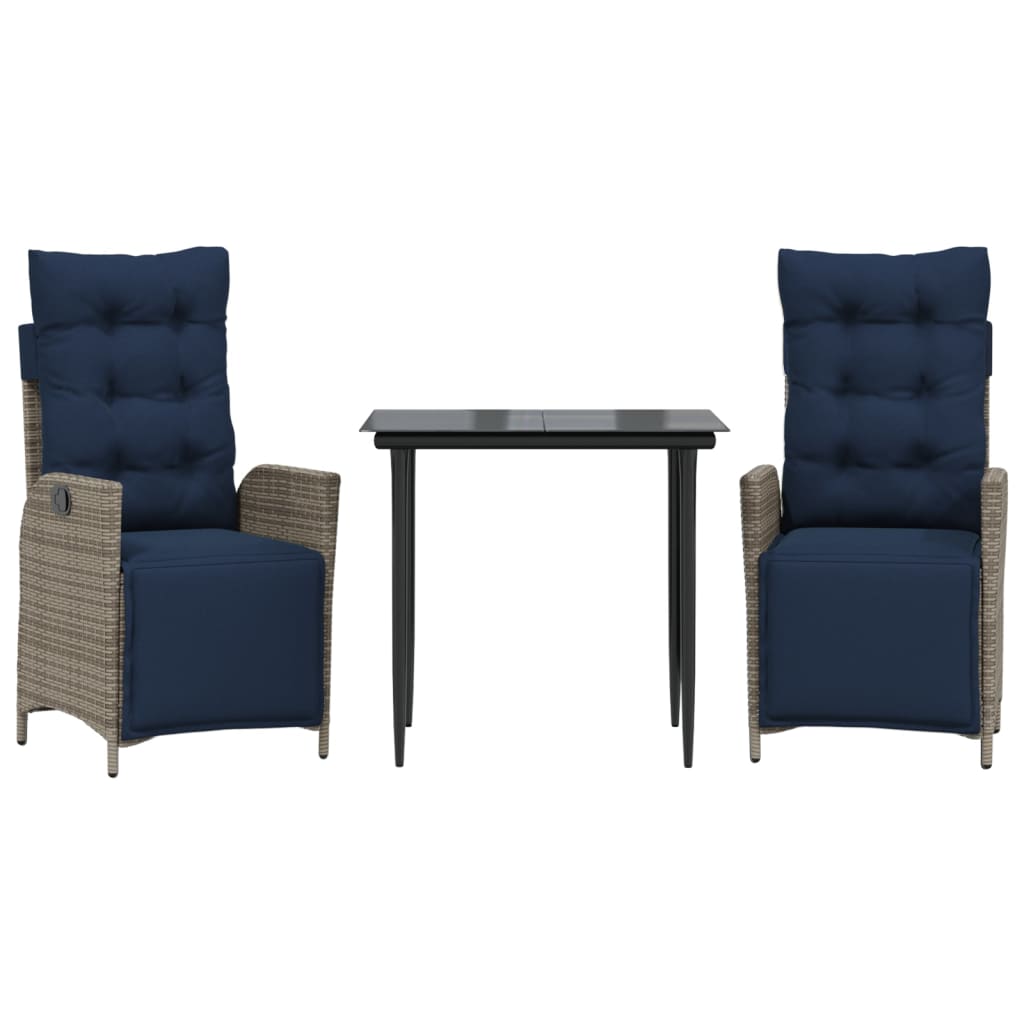 3 Piece Garden Dining Set with Cushions Grey Poly Rattan (US only)