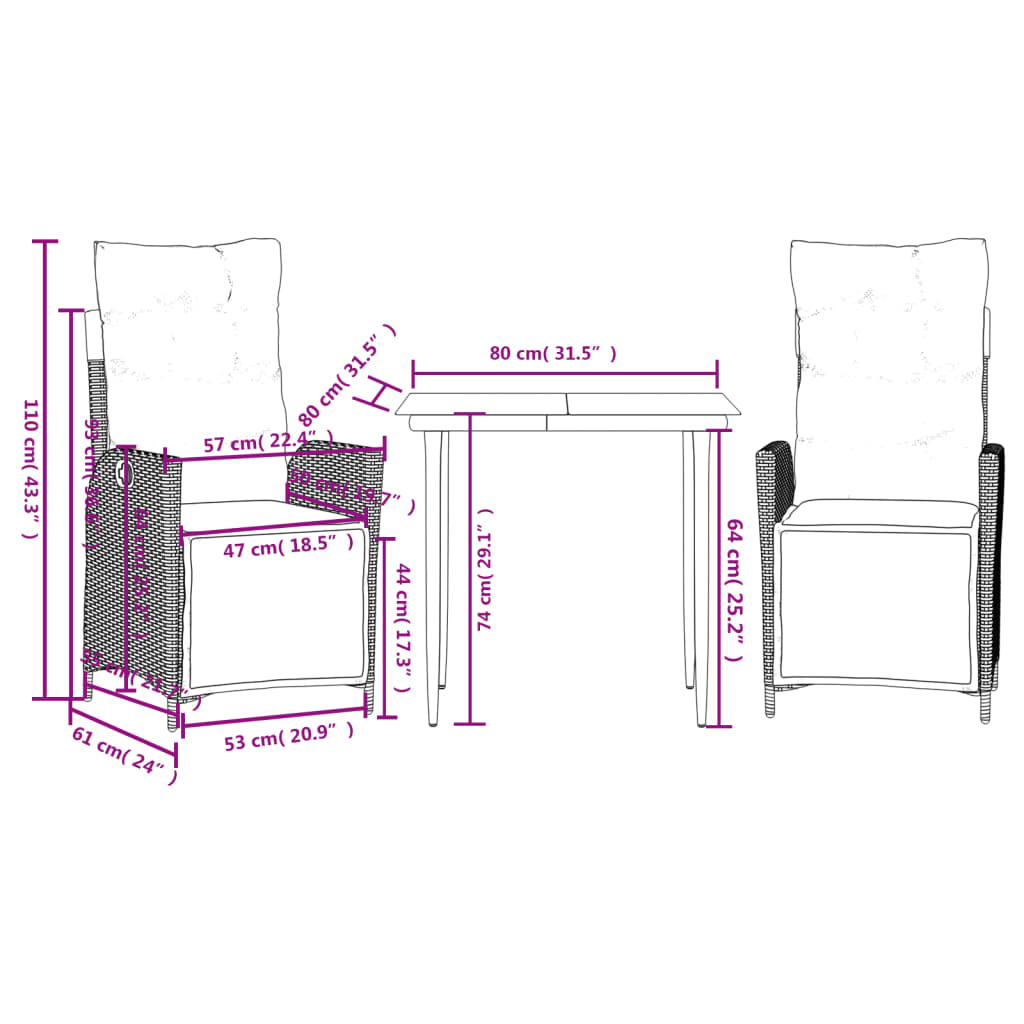 3 Piece Garden Dining Set with Cushions Grey Poly Rattan (US only)
