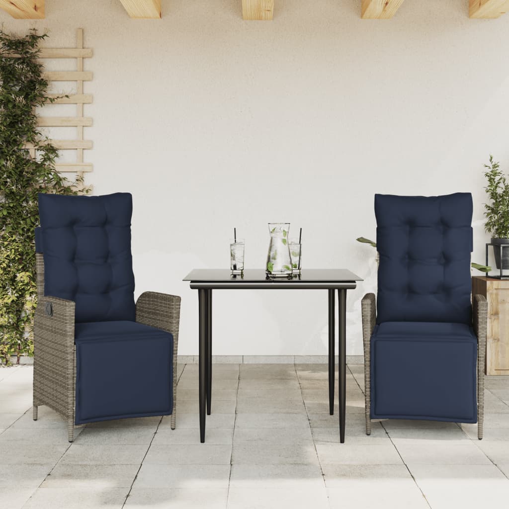 3 Piece Garden Dining Set with Cushions Grey Poly Rattan (US only)