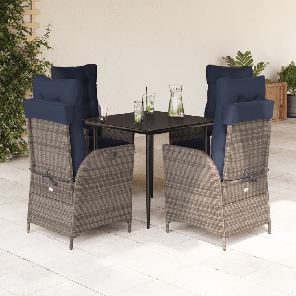 5 Piece Garden Dining Set with Cushions Grey Poly Rattan (US only)