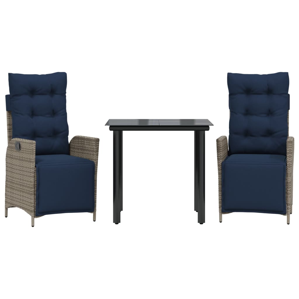 3 Piece Garden Dining Set with Cushions Grey Poly Rattan (US only)