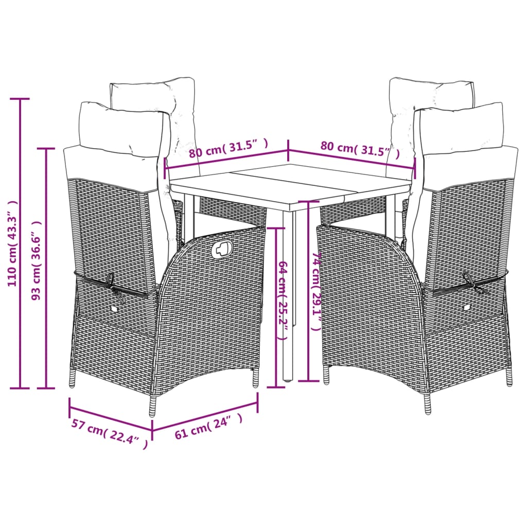 5 Piece Garden Dining Set with Cushions Grey Poly Rattan (US only)