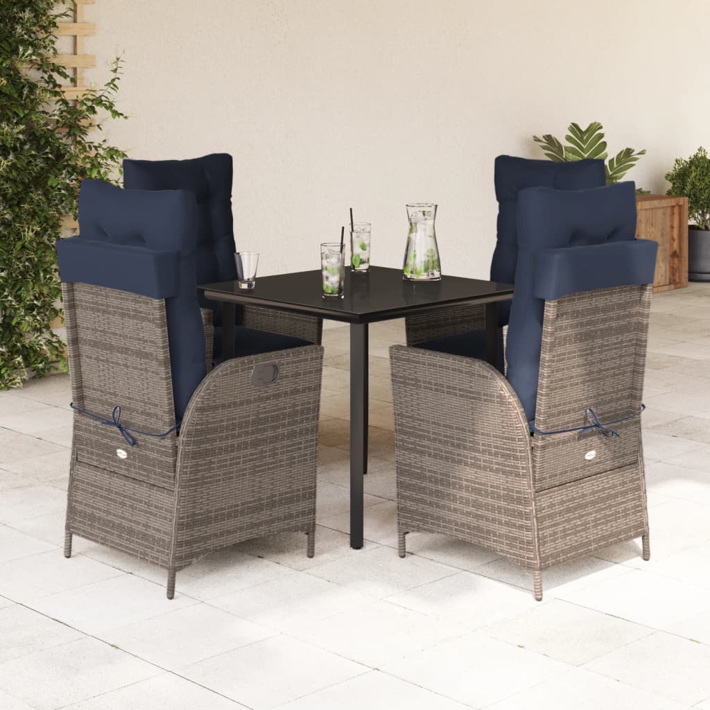 5 Piece Garden Dining Set with Cushions Grey Poly Rattan (US only)