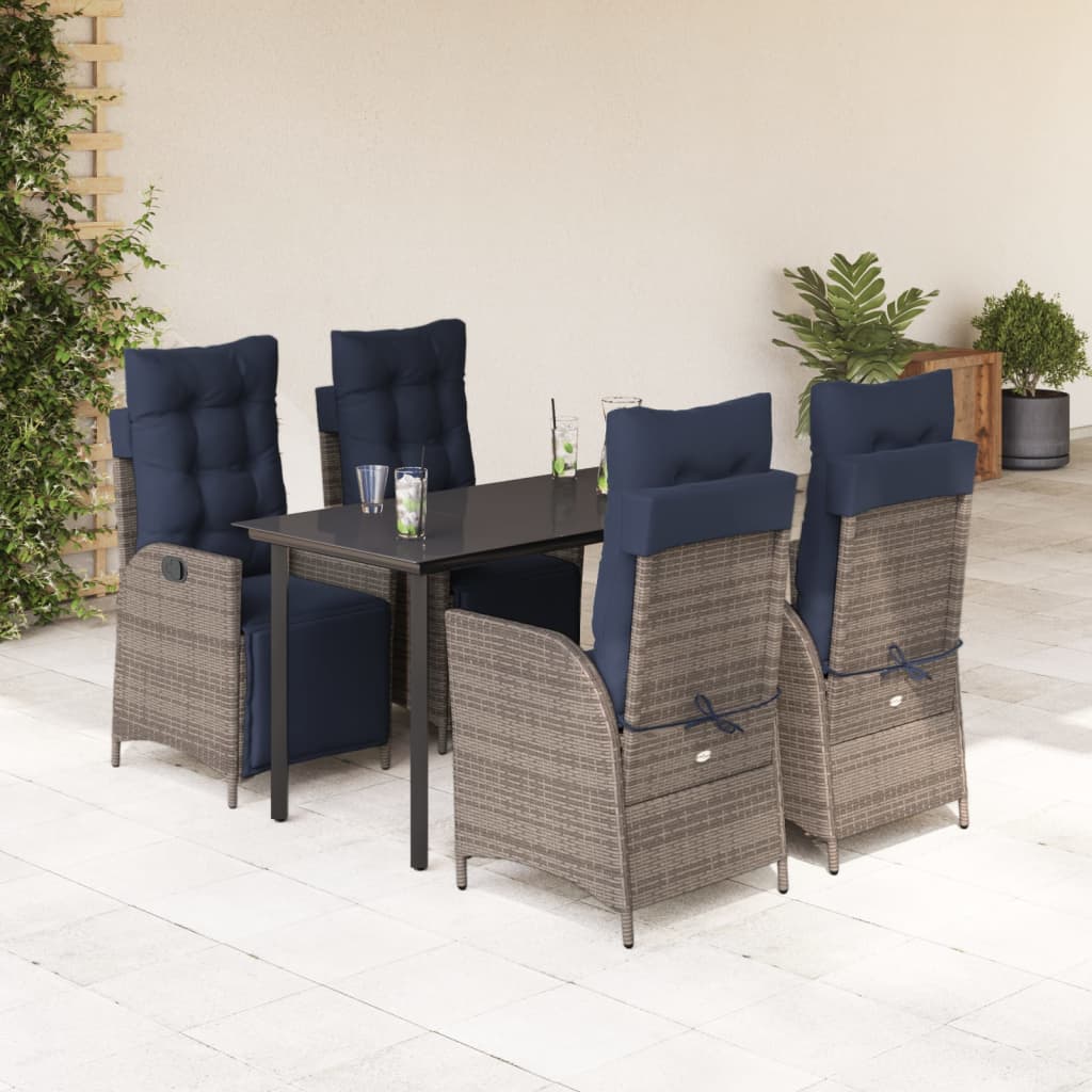 5 Piece Garden Dining Set with Cushions Grey Poly Rattan (US only)