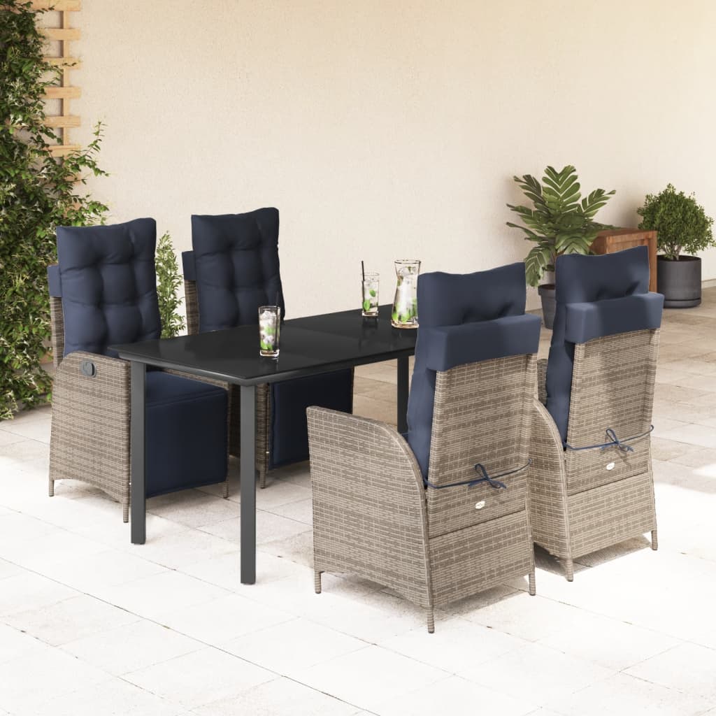 5 Piece Garden Dining Set with Cushions Grey Poly Rattan (US only)
