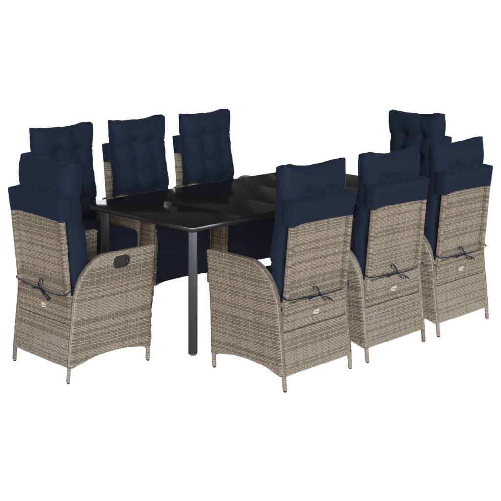 9 Piece Garden Dining Set with Cushions Grey Poly Rattan