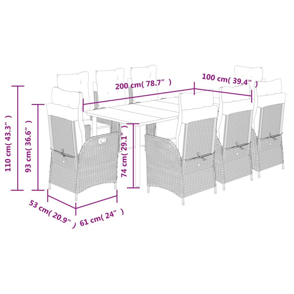 9 Piece Garden Dining Set with Cushions Grey Poly Rattan