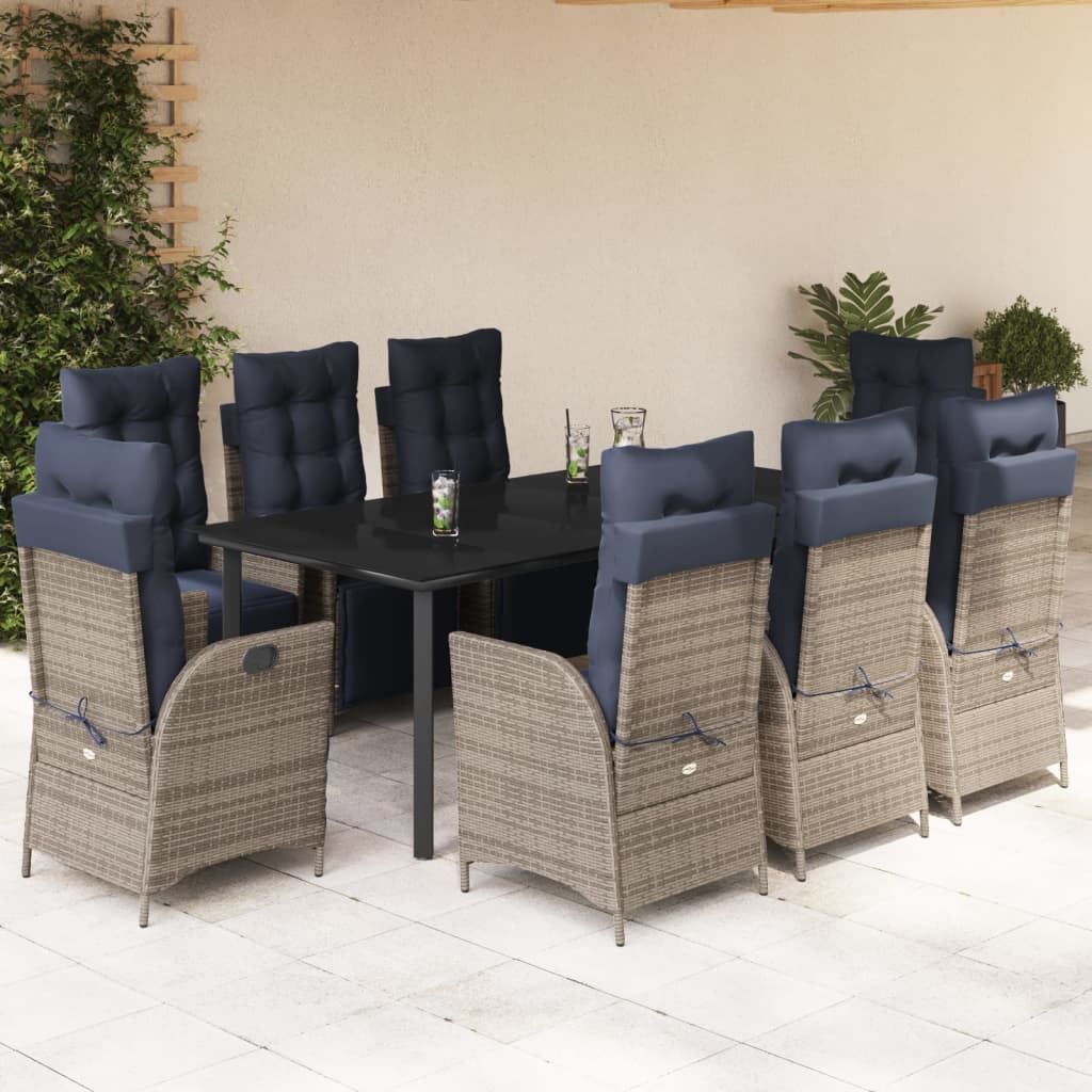9 Piece Garden Dining Set with Cushions Grey Poly Rattan