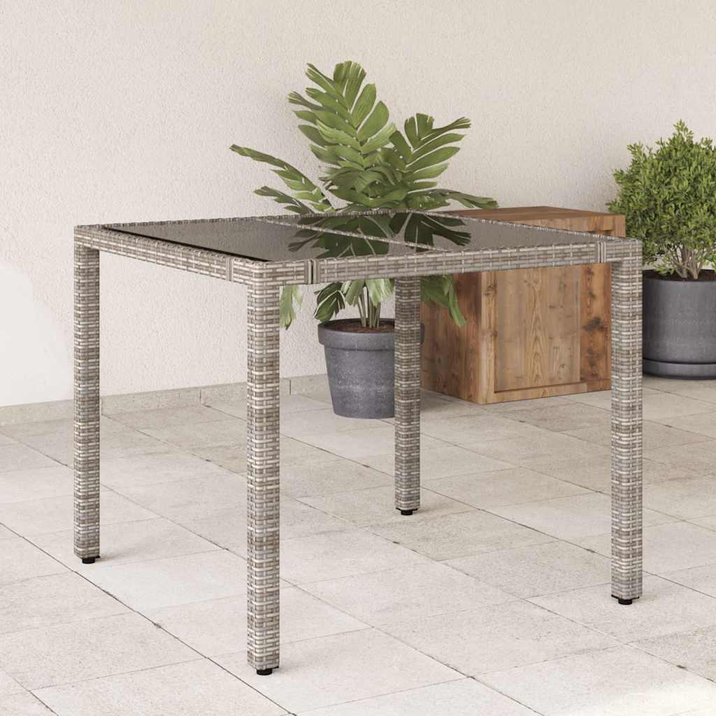 Garden Table with Glass Top Grey 90x90x75 cm Poly Rattan