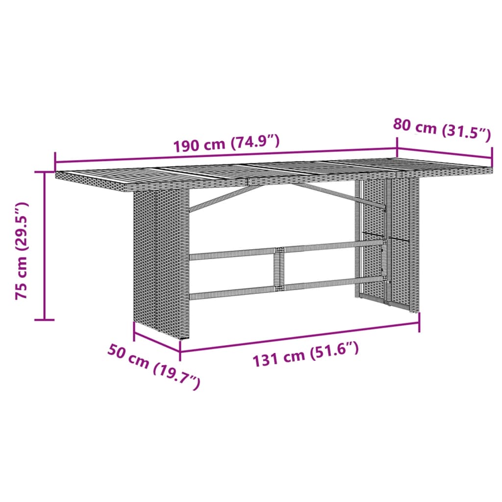 vidaXL Garden Table with Acacia Wood Top Black 190x80x75 cm Poly Rattan