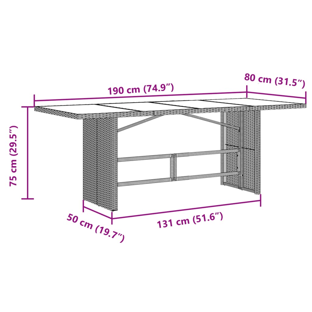 vidaXL Garden Table with Glass Top Brown 190x80x75 cm Poly Rattan