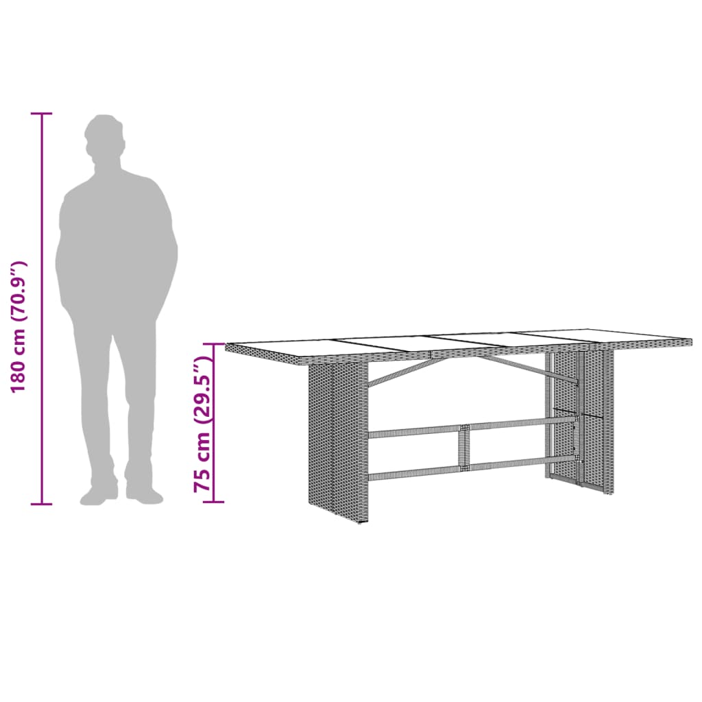 vidaXL Garden Table with Glass Top Brown 190x80x75 cm Poly Rattan