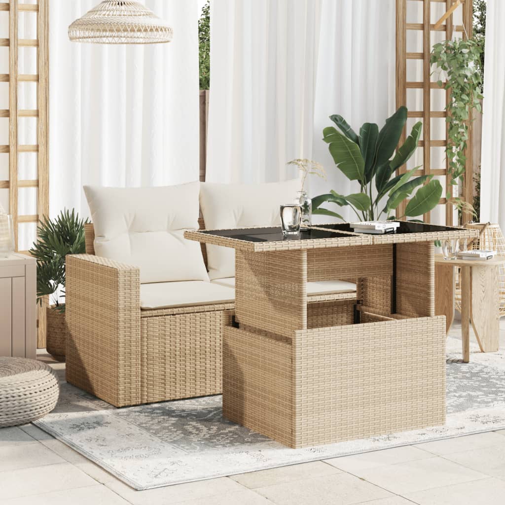 vidaXL Garden Table with Glass Top Beige 100x55x73 cm Poly Rattan