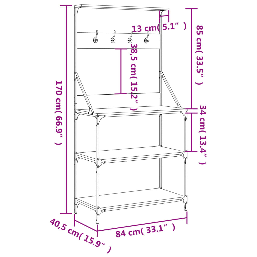 Baker's Rack with Hooks 4-Tier Brown Oak Engineered Wood
