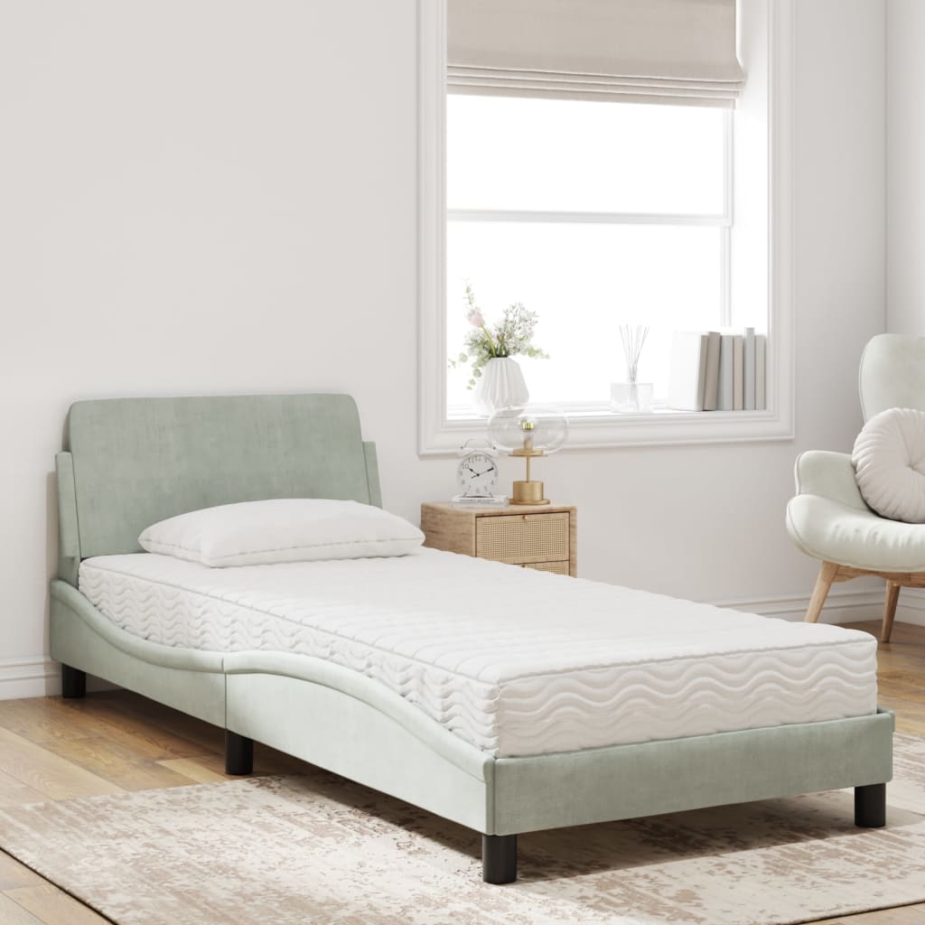 vidaXL Bed with Mattress Light Grey Single Velvet