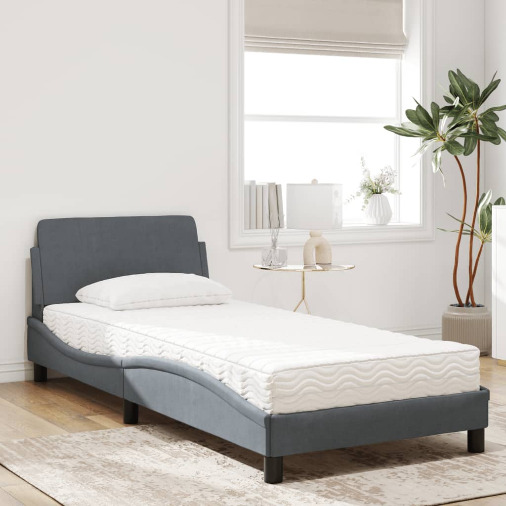 Bed with Mattress "Dover" Dark Grey Single Velvet