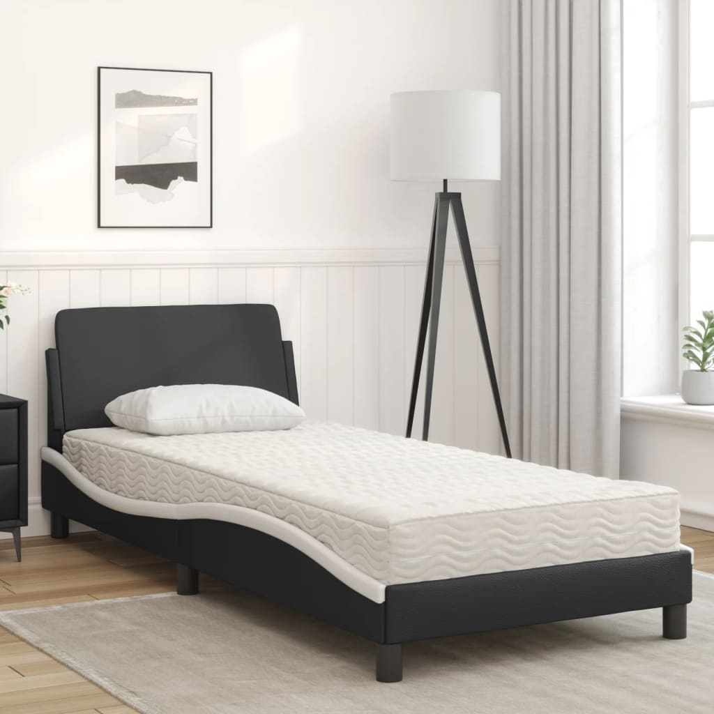 vidaXL Bed with Mattress Black and White Single Faux Leather