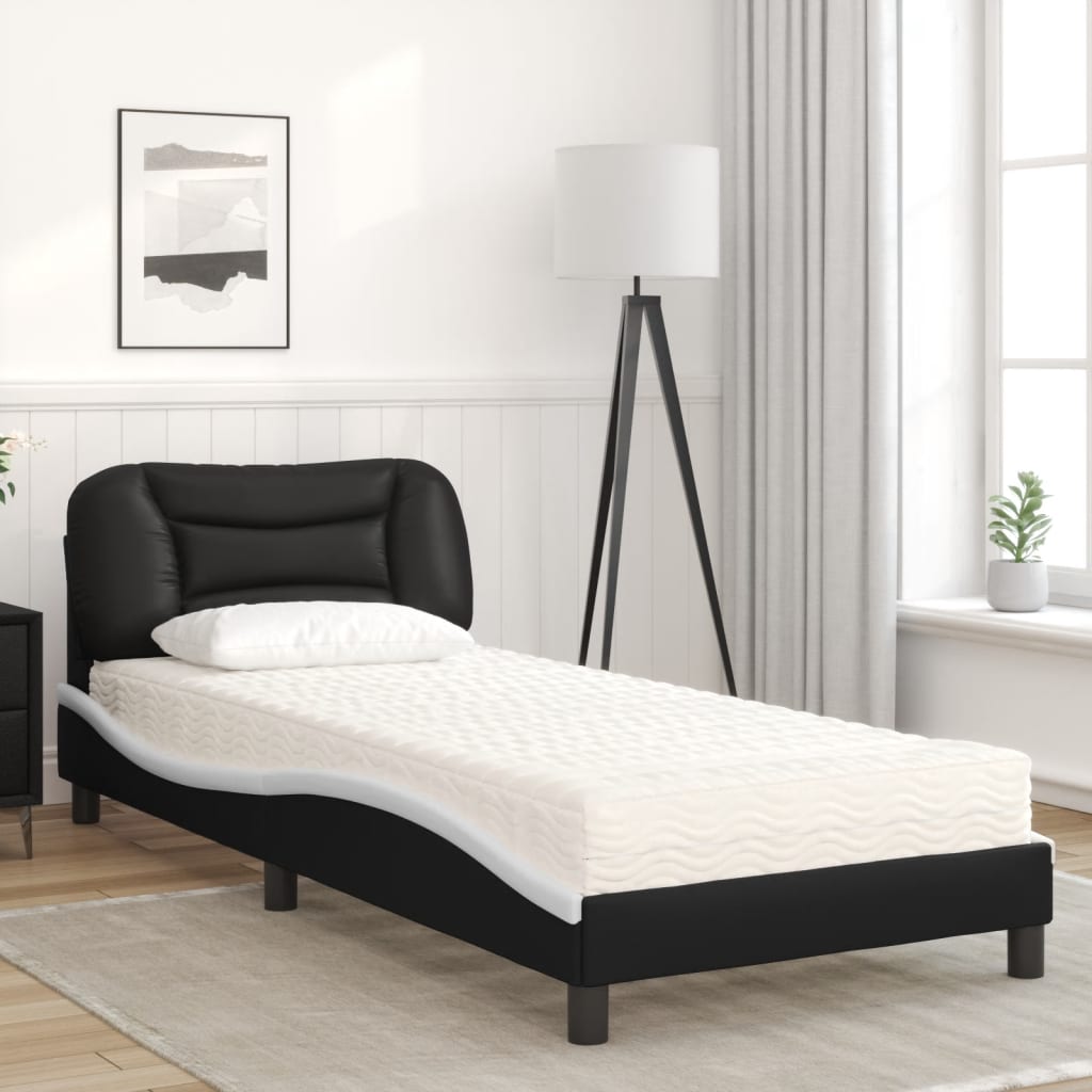 vidaXL Bed with Mattress Black and White 90x190 cm Single Faux Leather