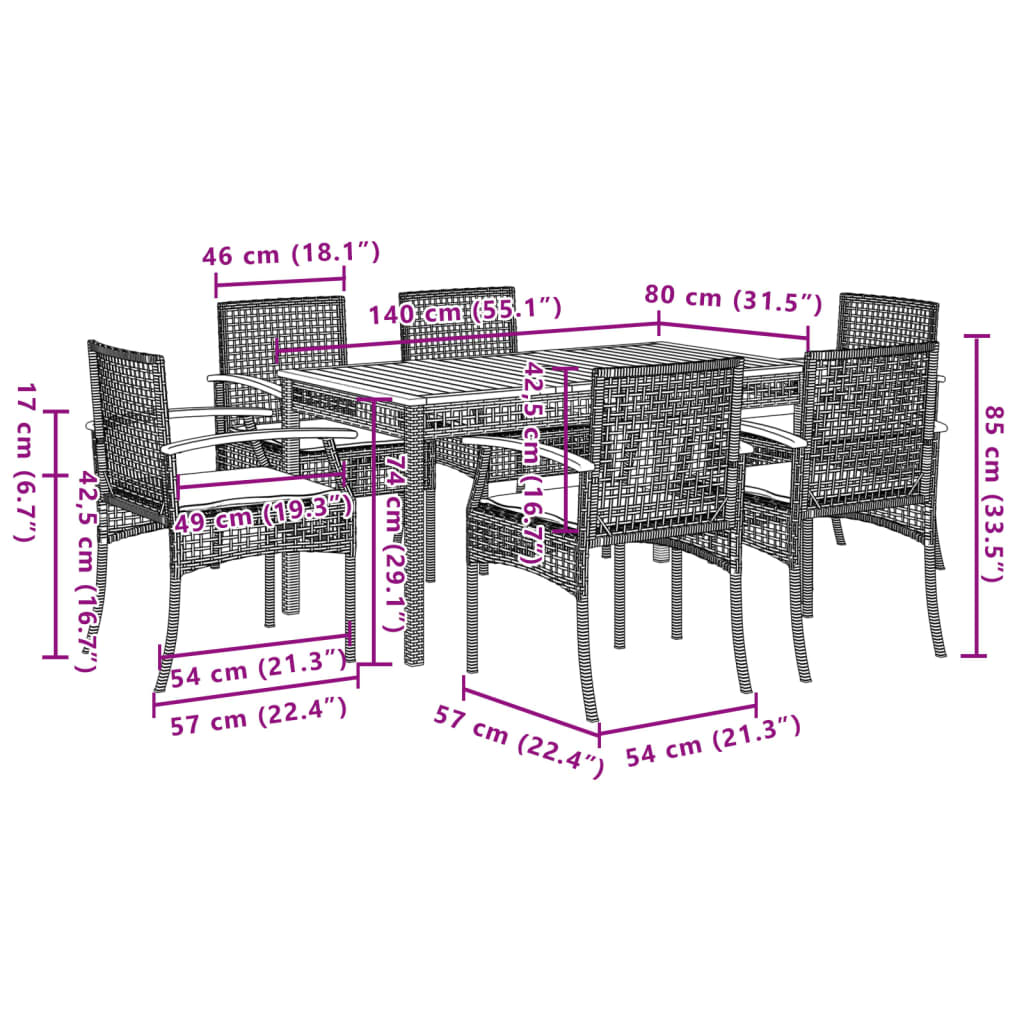 vidaXL 7 Piece Garden Dining Set with Cushions Black Poly Rattan