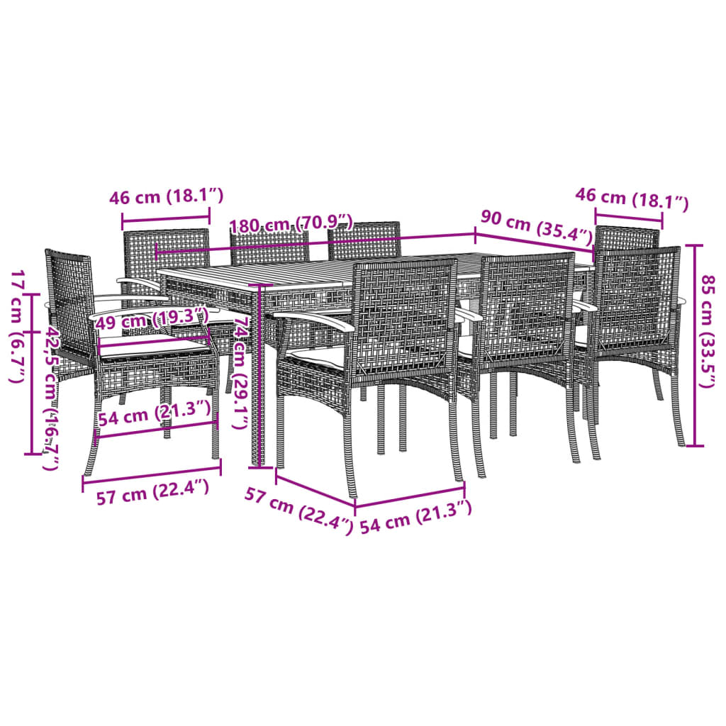 vidaXL 9 Piece Garden Dining Set with Cushions Beige Poly Rattan