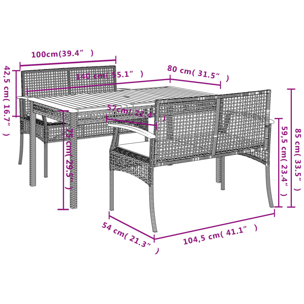 vidaXL 3 Piece Garden Dining Set with Cushions Beige Poly Rattan