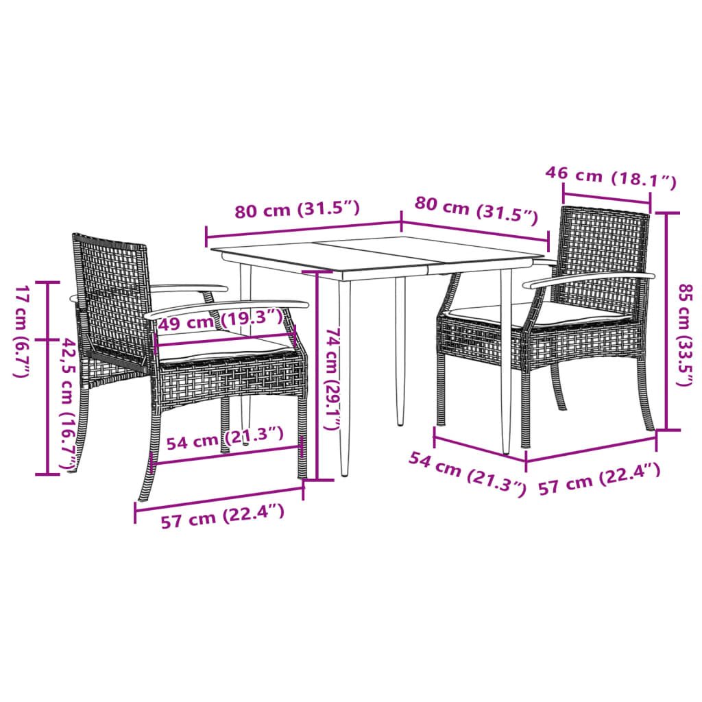 vidaXL 3 Piece Garden Dining Set with Cushions Grey Poly Rattan