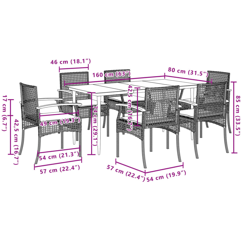 vidaXL 7 Piece Garden Dining Set with Cushions Grey Poly Rattan