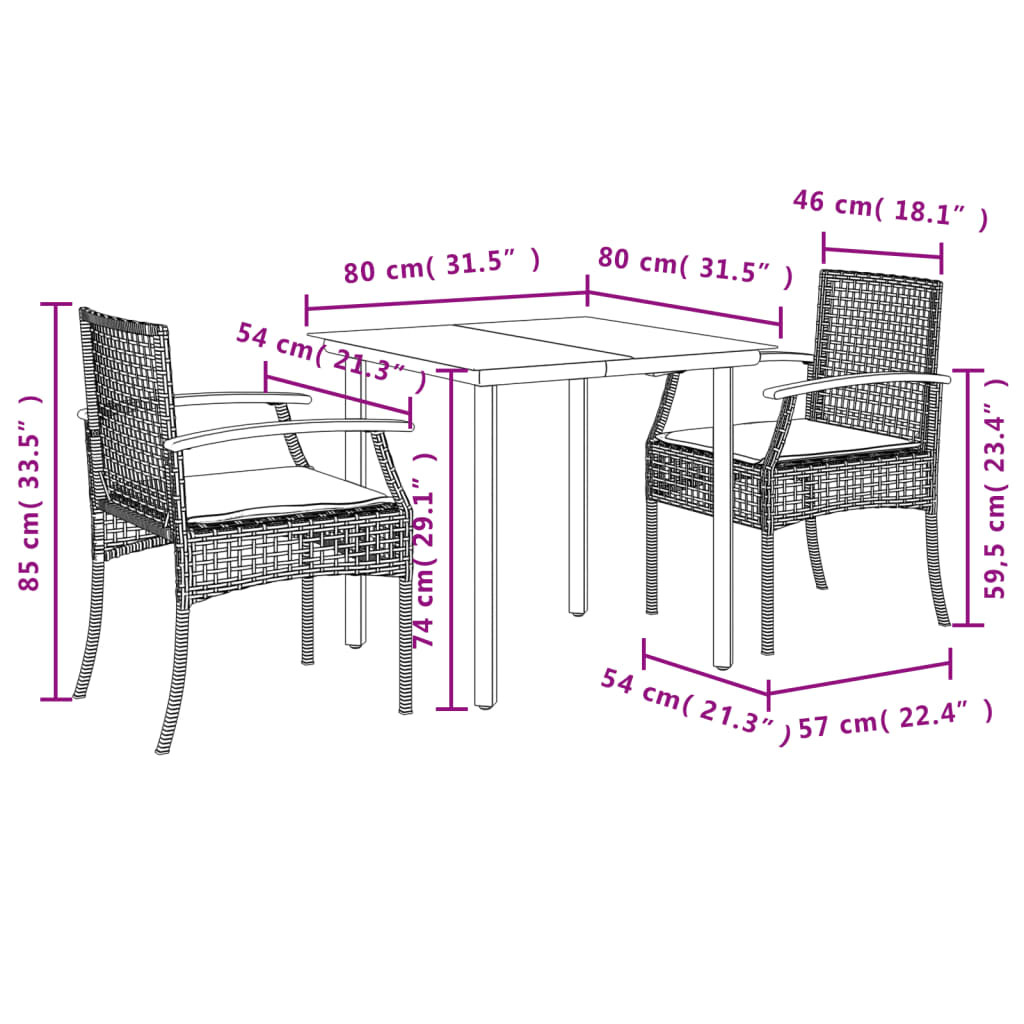 vidaXL 3 Piece Garden Dining Set with Cushions Grey Poly Rattan