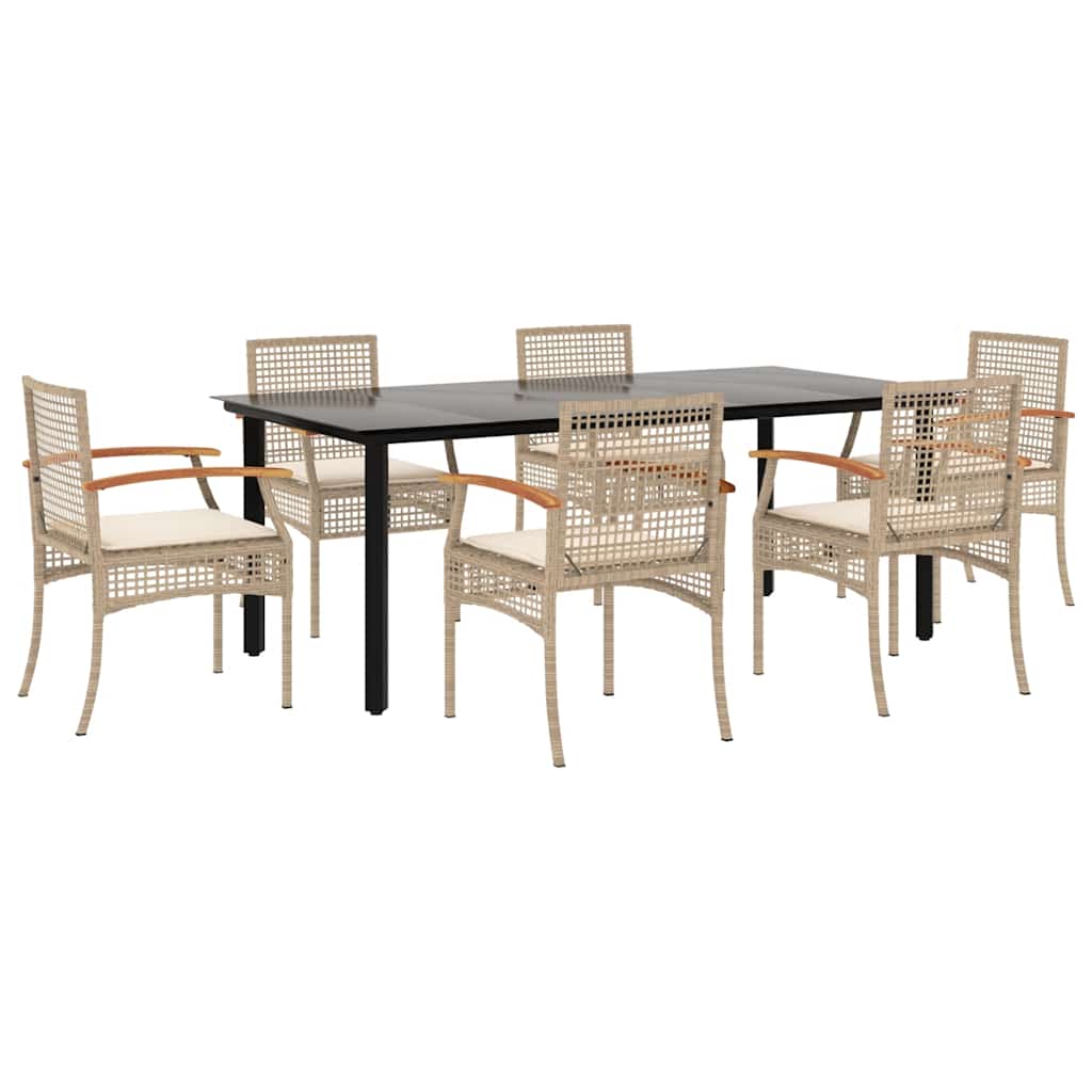 7 Piece Garden Dining Set with Cushions Beige Poly Rattan