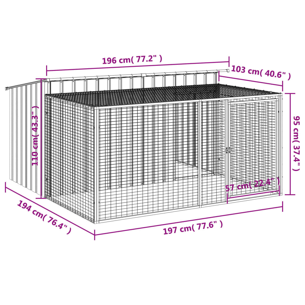 vidaXL Dog House with Run Anthracite 197x194x110 cm Galvanised Steel