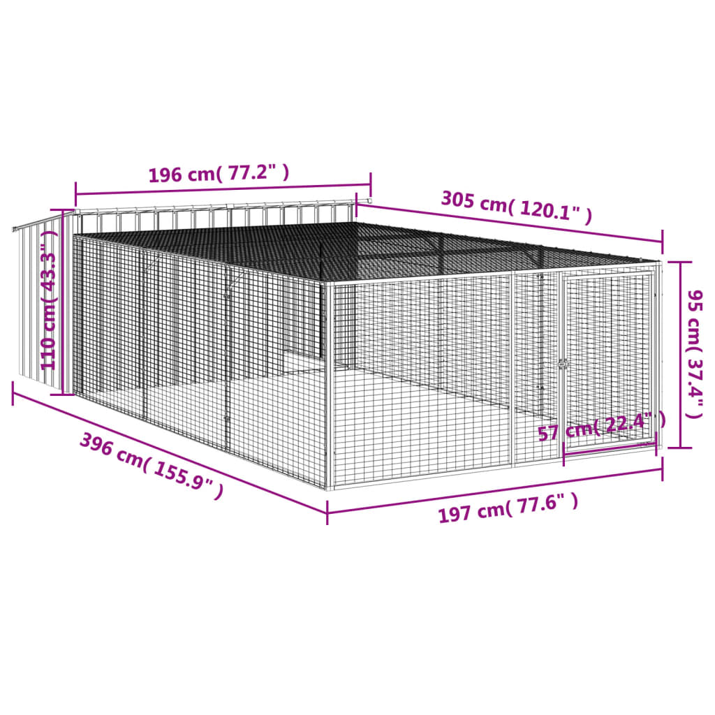 vidaXL Dog House with Run Anthracite 197x396x110 cm Galvanised Steel