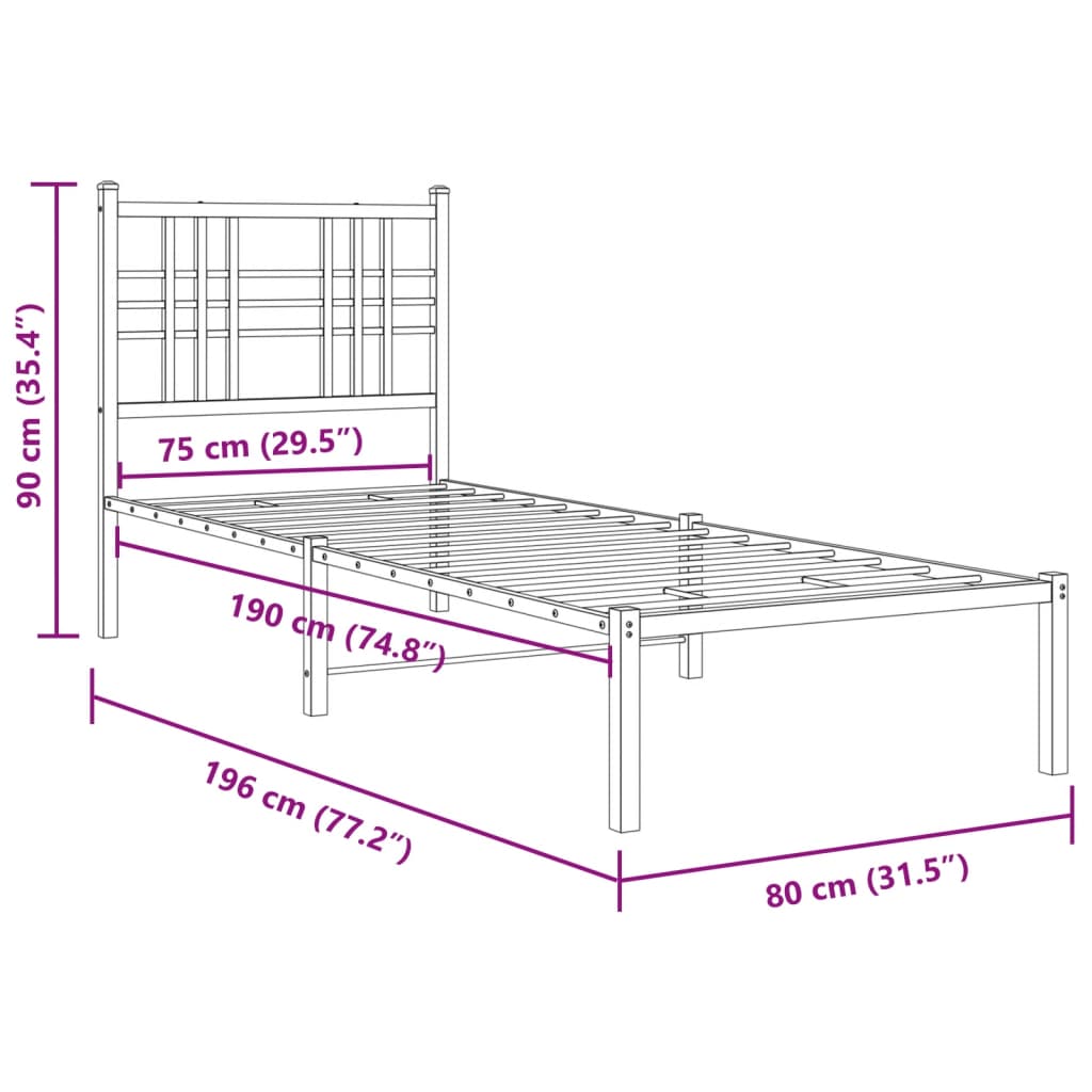 vidaXL Metal Bed Frame without Mattress with Headboard Black 75x190cm