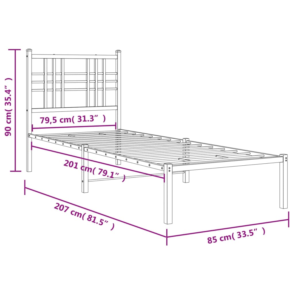 vidaXL Metal Bed Frame without Mattress with Headboard Black 80x200cm