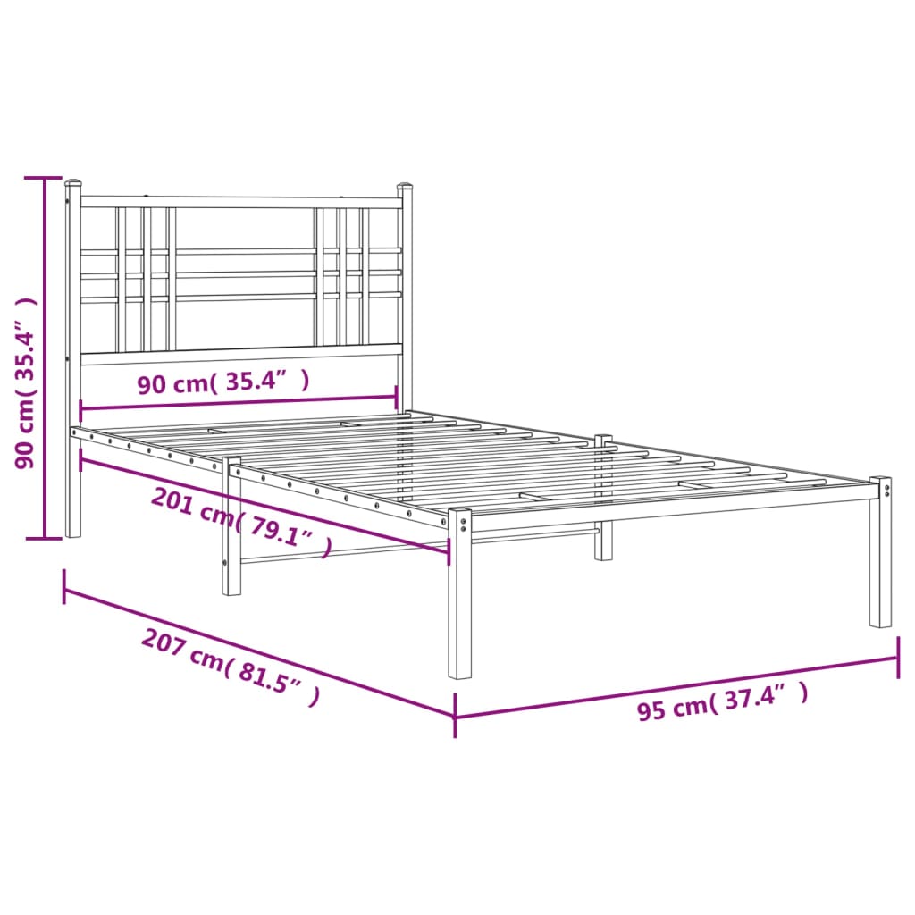 vidaXL Metal Bed Frame without Mattress with Headboard Black 90x200cm