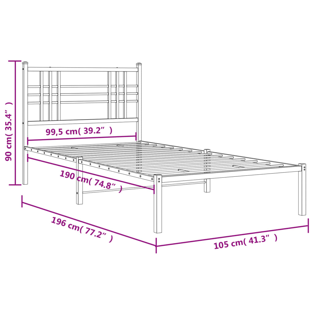 vidaXL Metal Bed Frame without Mattress with Headboard Black 100x190cm