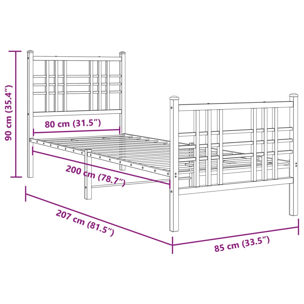 vidaXL Metal Bed Frame without Mattress with Footboard Black 80x200cm