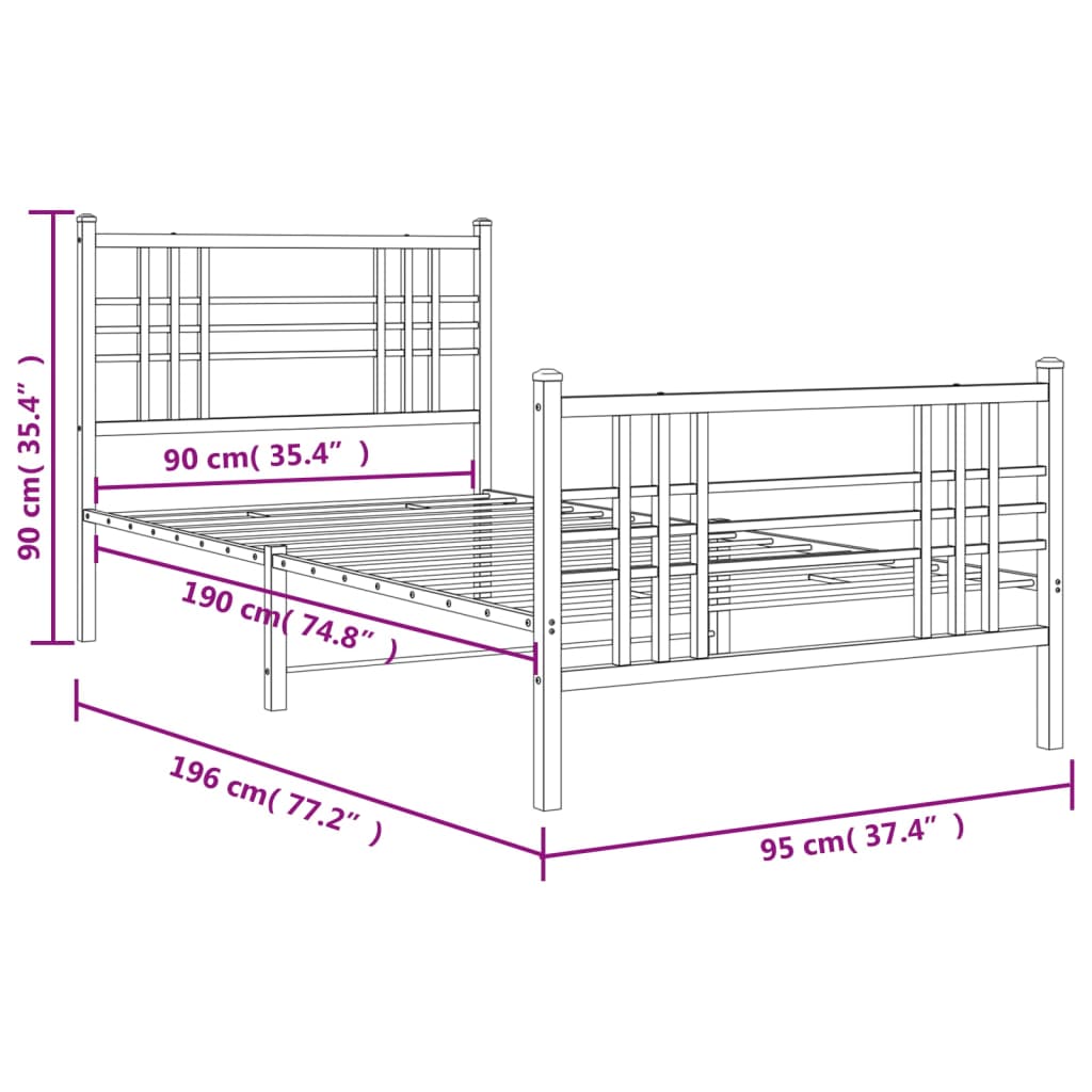 vidaXL Metal Bed Frame without Mattress with Footboard Black 90x190cm