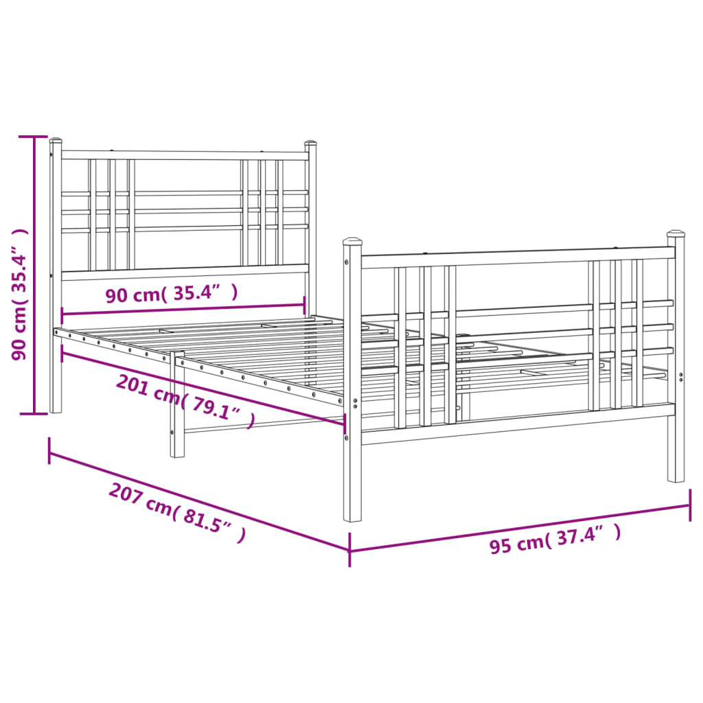 vidaXL Metal Bed Frame without Mattress with Footboard Black 90x200cm