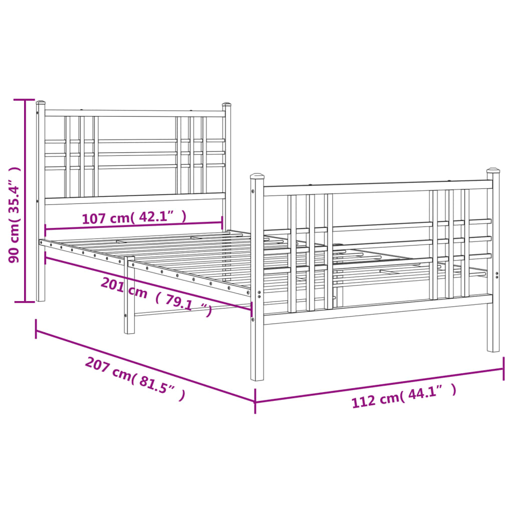 vidaXL Metal Bed Frame without Mattress with Footboard Black 107x203cm