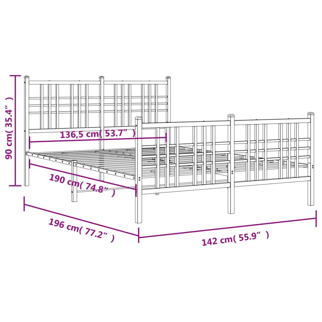 vidaXL Metal Bed Frame without Mattress with Footboard Black 137x190cm