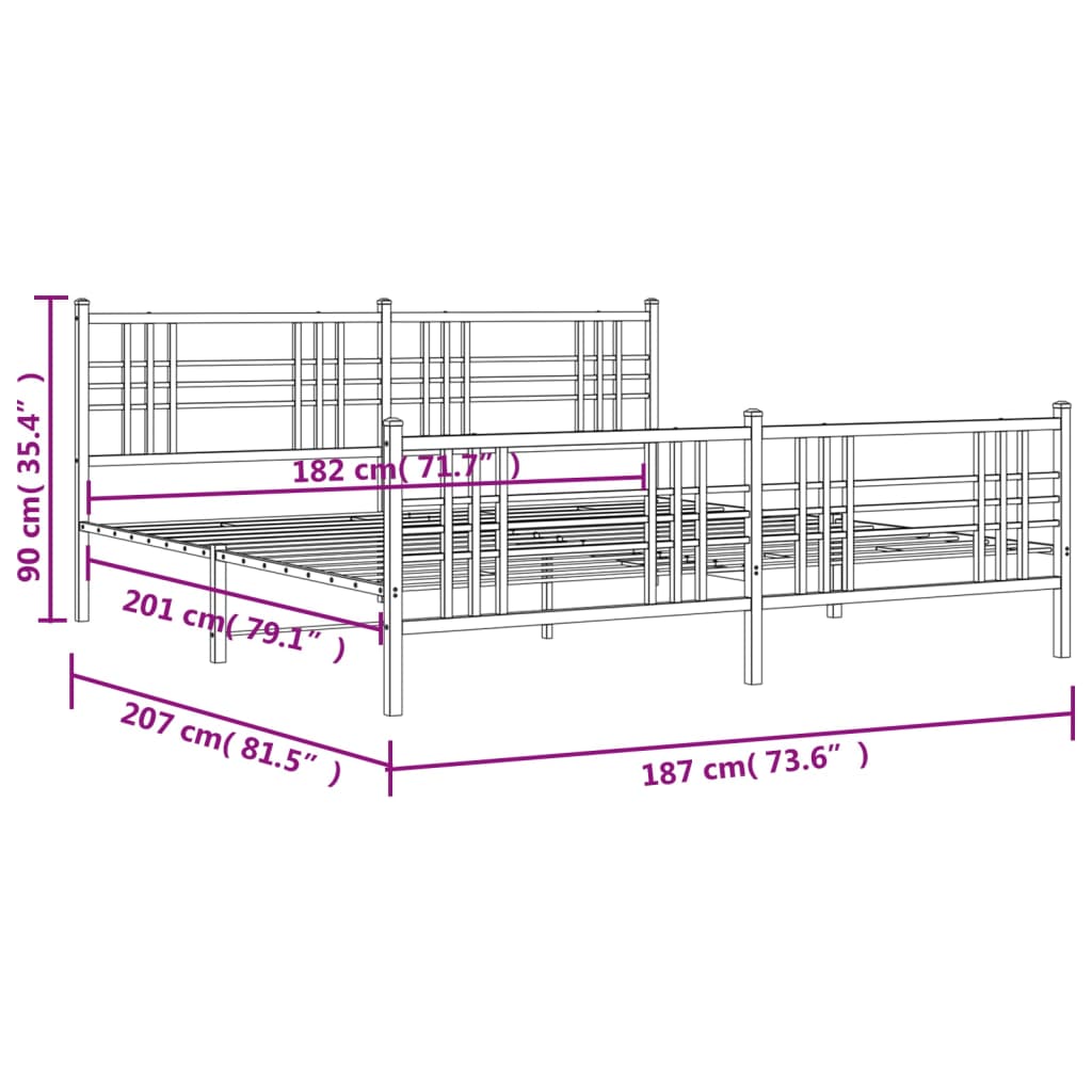 vidaXL Metal Bed Frame without Mattress with Footboard Black 180x200cm