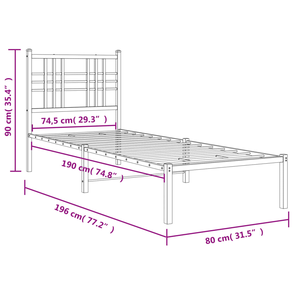 vidaXL Metal Bed Frame without Mattress with Headboard White 75x190cm