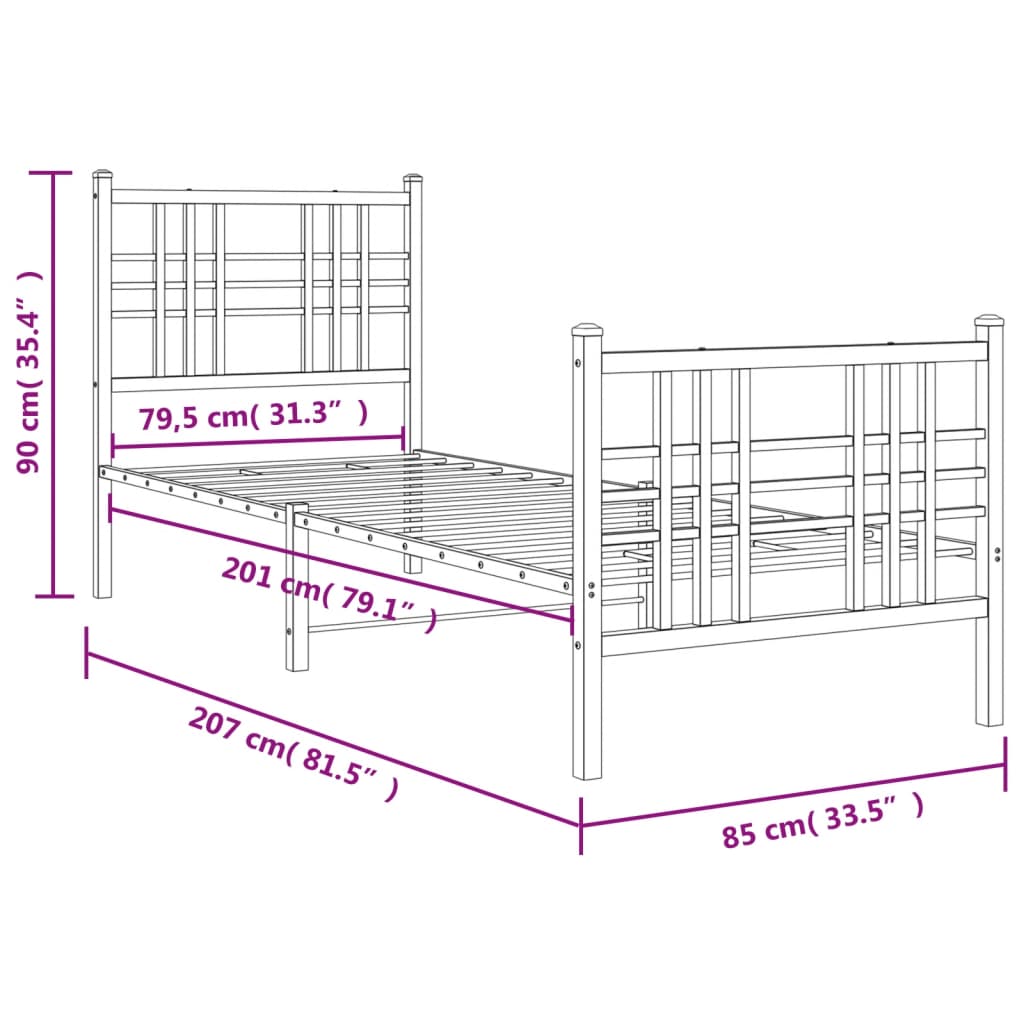 vidaXL Metal Bed Frame without Mattress with Footboard White 80x200cm