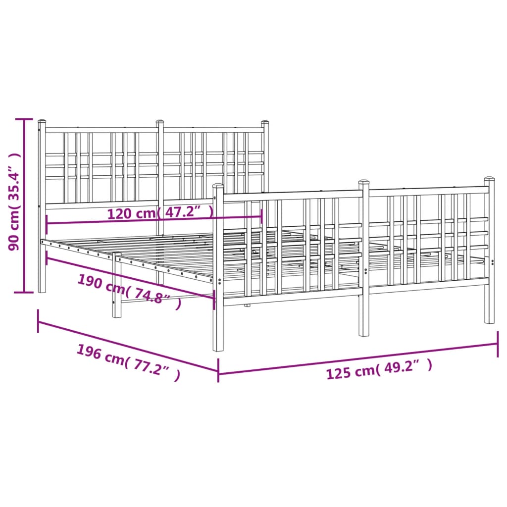 Metal Bed Frame without Mattress with Footboard White 120x190cm