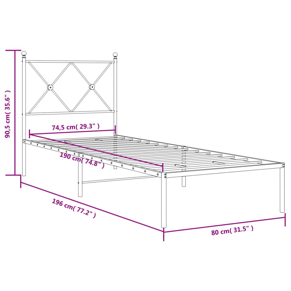 vidaXL Metal Bed Frame without Mattress with Headboard Black 75x190cm