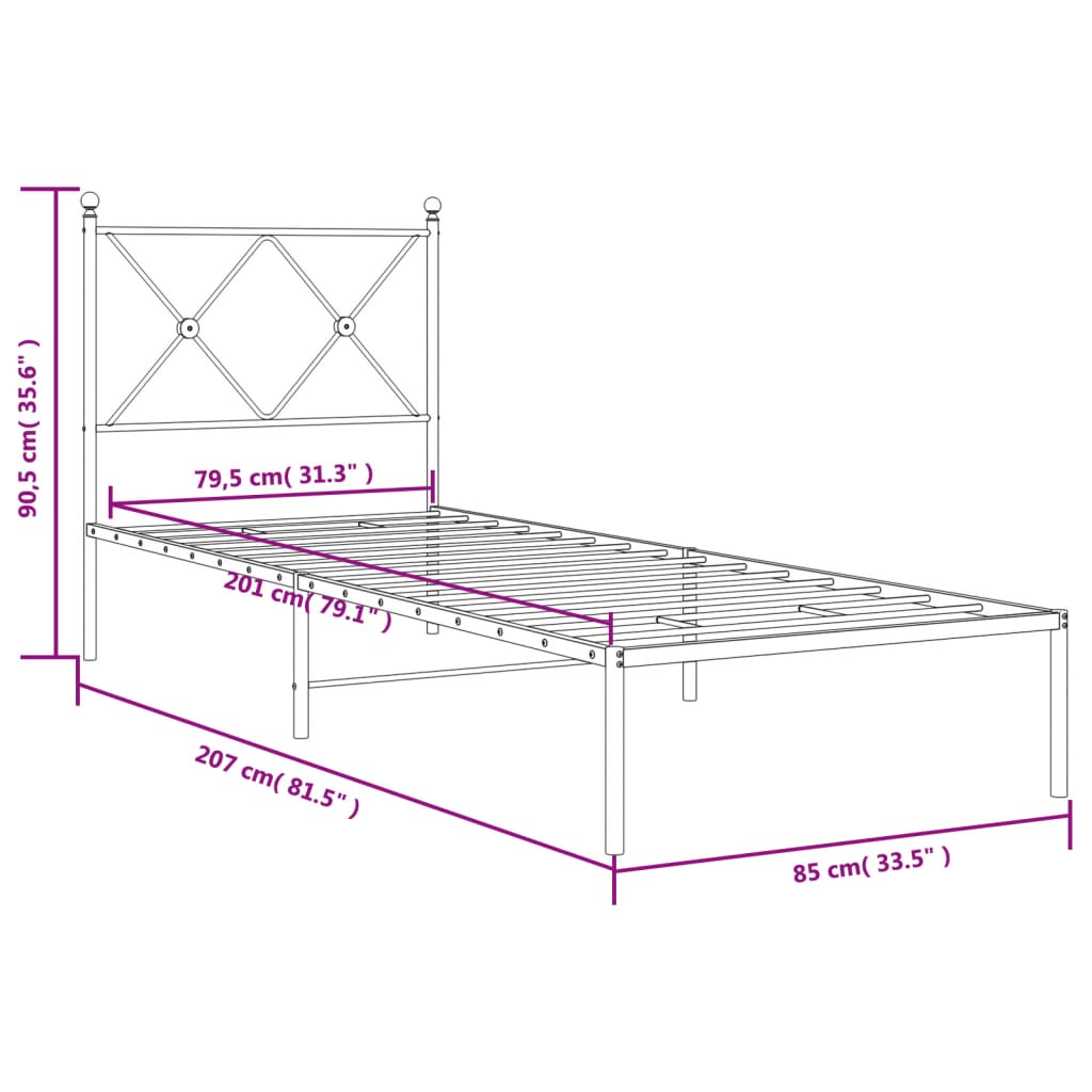 vidaXL Metal Bed Frame without Mattress with Headboard Black 80x200cm