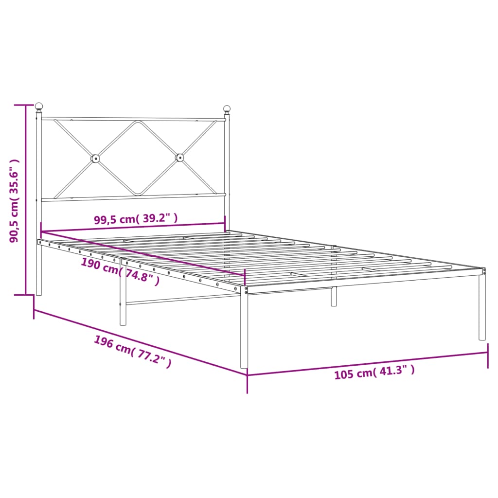 vidaXL Metal Bed Frame without Mattress with Headboard Black 100x190cm