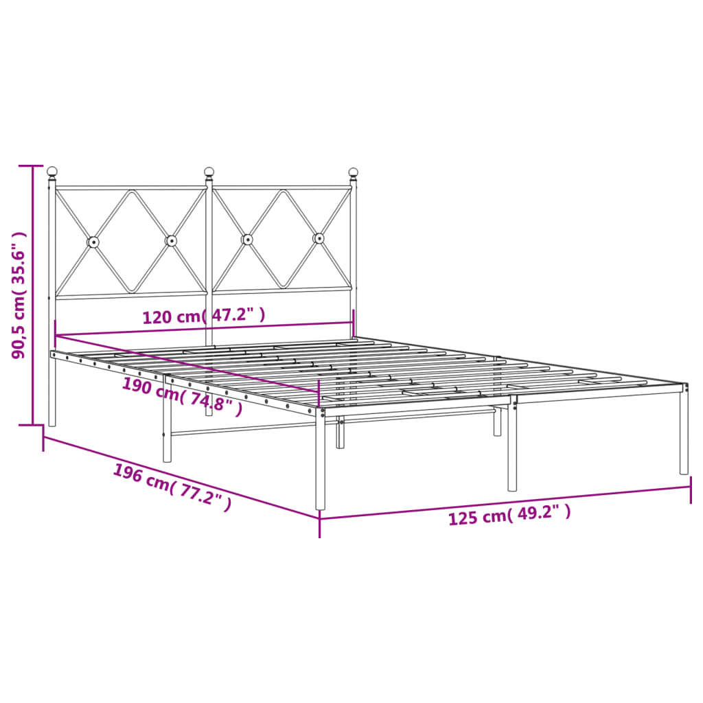 vidaXL Metal Bed Frame without Mattress with Headboard Black 120x190cm